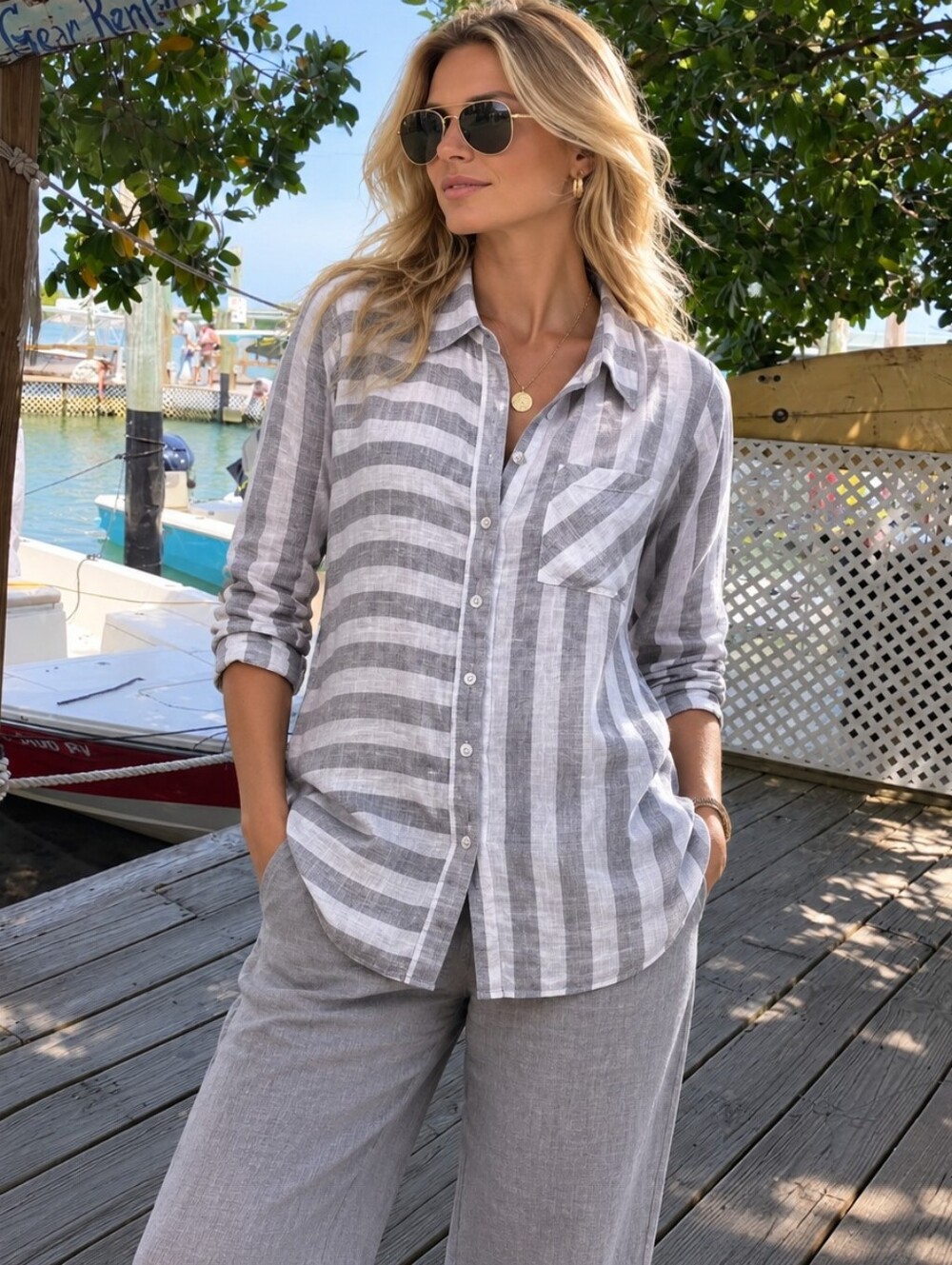 Soft Surroundings Linen Blend Grey & White Striped Button Down Shirt Size Small